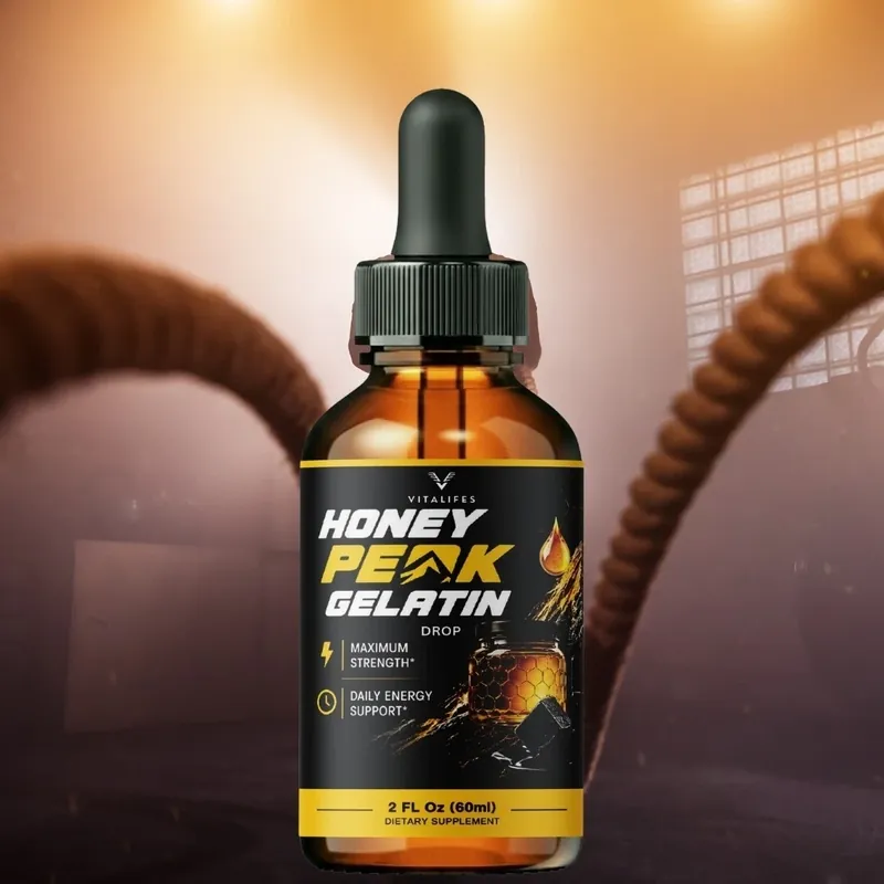 Honey Peak Gelatin bottle beside gym equipment